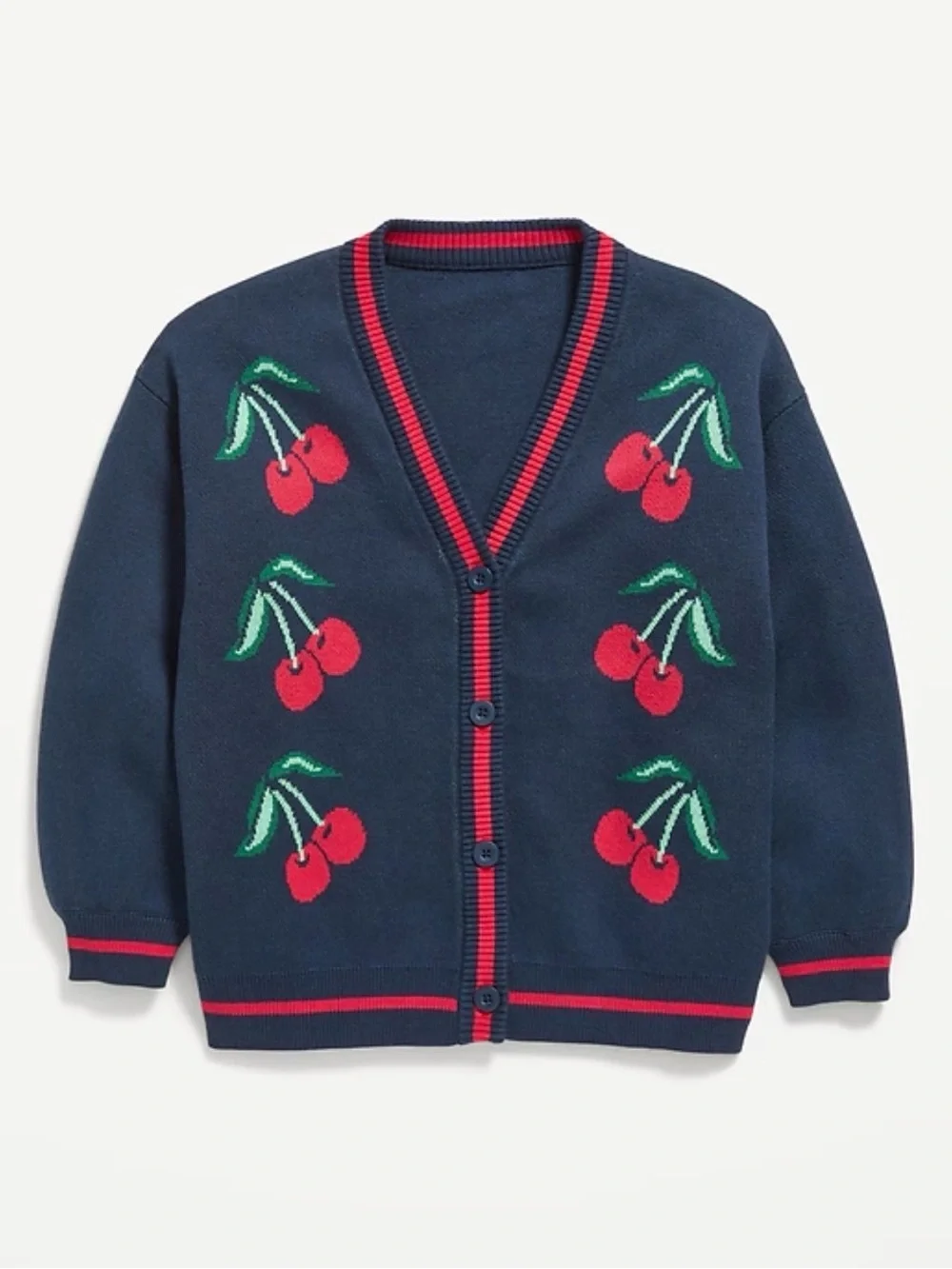 Old Navy Slouchy Long-Sleeve Cherry Print Cardigan Sweater, Navy/Red, Size M (8)